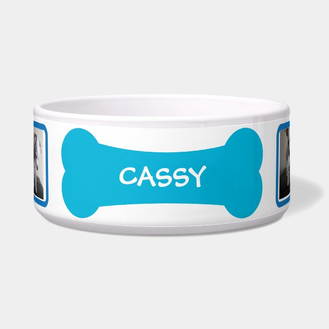Blue Dog Bone Photo Personalised Pet Bowl (Front)