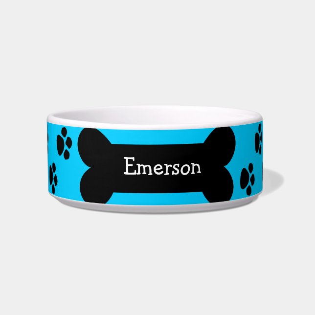 Blue Dog Bowl With Paws and Bone (Front)