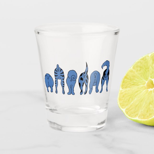 Blue Dog Butts Shot Glass (Front)