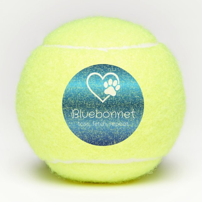 Blue Dog Name Tennis Ball 'toss, fetch, repeat' (Front)