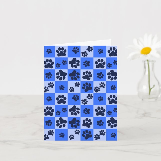 Blue Dog Paw Print Checkerboard Card (Small Plant)