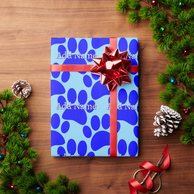 Blue Dog Paw Print Custom Name Wrapping Paper (Holiday Gift)