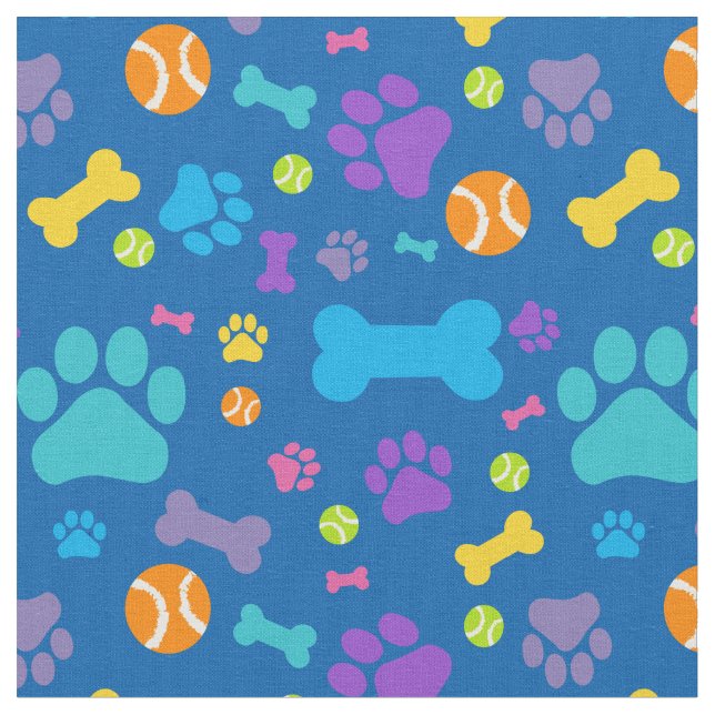 Blue Dog Paw Print Pattern Fabric (Close Up)