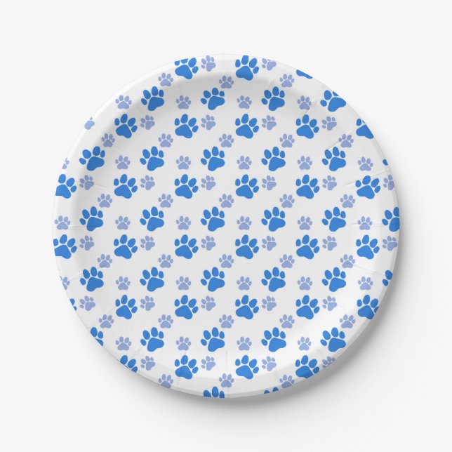 Blue Dog Paw Print Simple Animal Lover Puppies Paper Plate (Front)