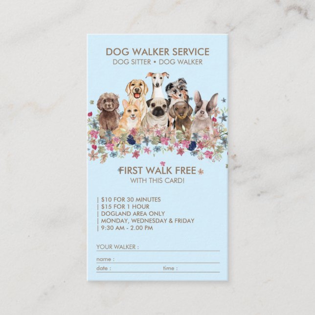 Blue Dog Walker Service Free gift name Business Card (Front)