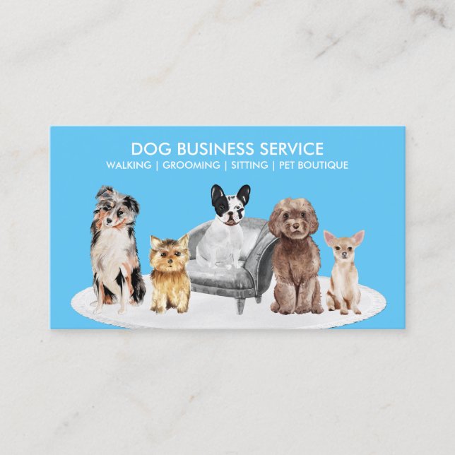 Blue Dogs Sitting on Sofa Logo for Pet Groomer Business Card (Front)