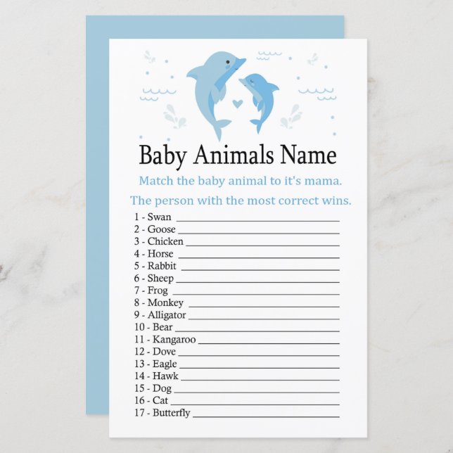 Blue Dolphin Baby Animals Name Game (Front/Back)