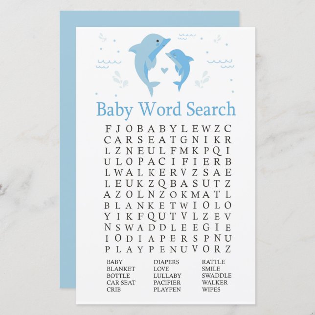 Blue Dolphin Baby Shower Word Search Game (Front/Back)