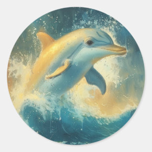 Blue Dolphin Jumping in Waves  Classic Round Sticker
