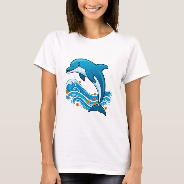 Blue Dolphin Jumping Over Ocean Waves T-Shirt (Front)