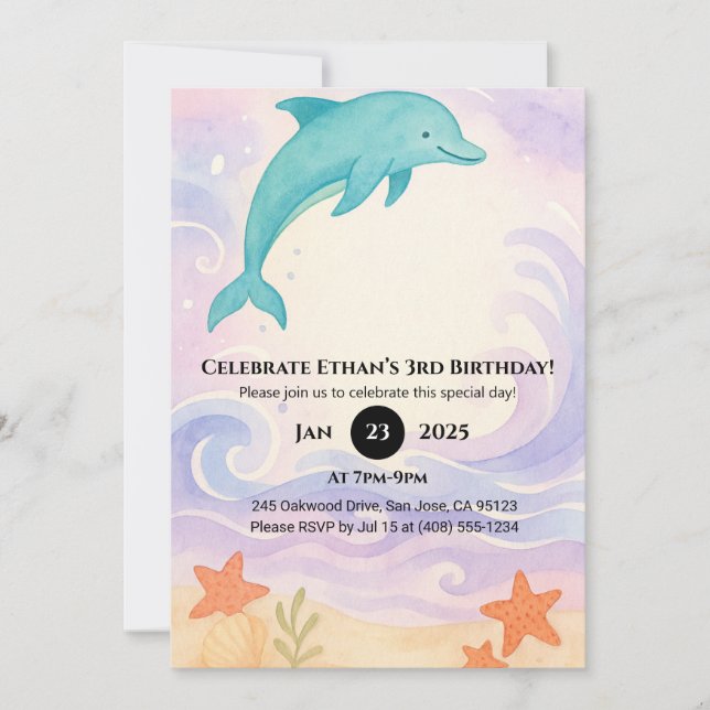 Blue Dolphin & Starfish Ocean Birthday  Invitation (Front)