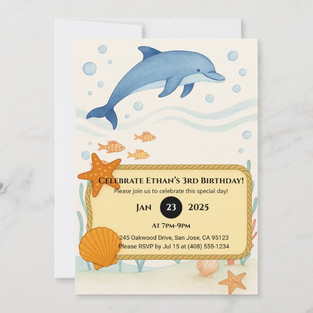 Blue Dolphin with Starfish & Rope Frame Birthday  Invitation (Front)