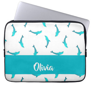 Blue dolphins on white laptop sleeve