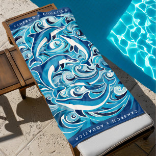Blue Dolphins & Waves Customisable Beach Towel