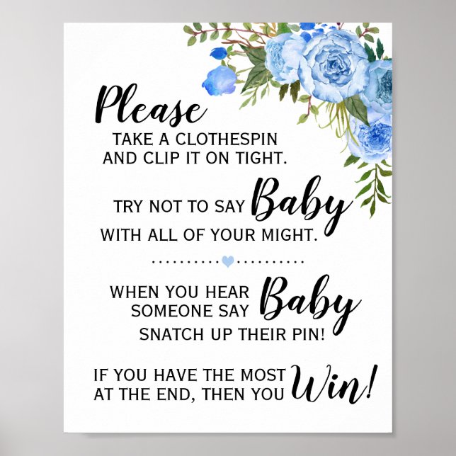 Blue Don't say baby game baby shower sign (Front)