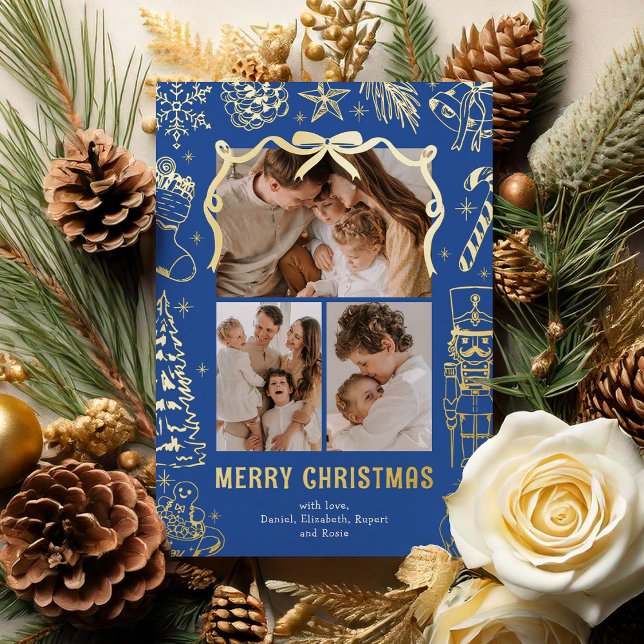 Blue Doodle 3 Photo Christmas Gold Foil Holiday Card (Creator Uploaded)