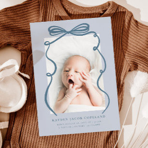 Blue Doodle Bow Frame Birth Announcement Photo