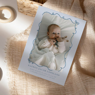 Blue Doodle Bows Frame Birth Announcement Photo