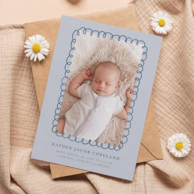 Blue Doodle Frame Birth Announcement Photo (Creator Uploaded)