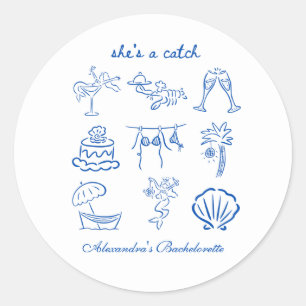 Blue Doodle Tropical She's a Catch Bachelorette  Classic Round Sticker