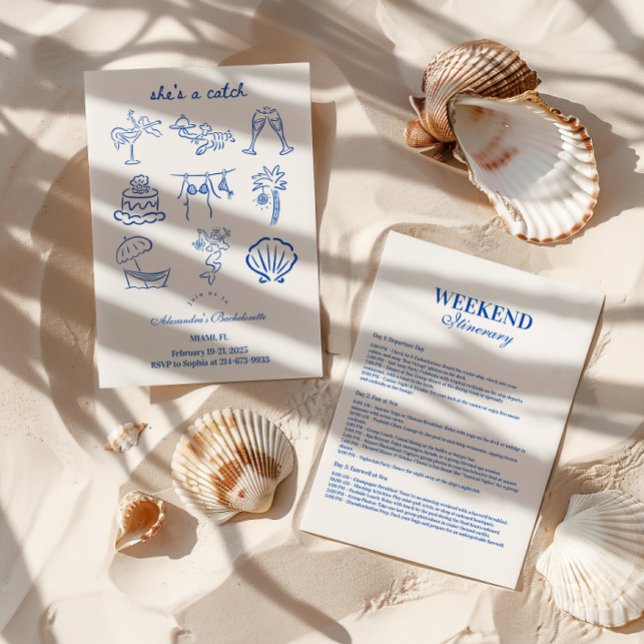 Blue Doodle Tropical She's a Catch Bachelorette  Invitation (Creator Uploaded)