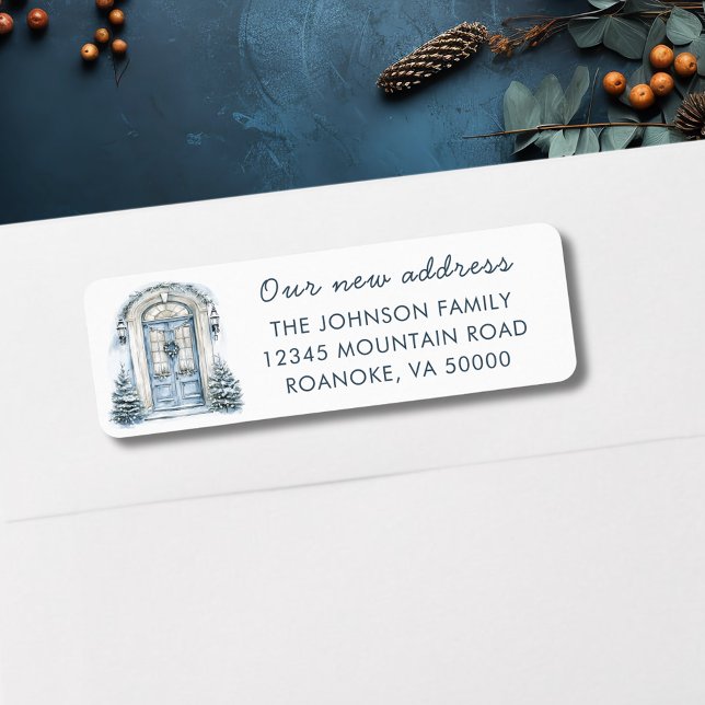 Blue Door Holiday Moving Return Address Label (Blue Front Door New Home Holiday Moving Announcement Return Addreses Label)