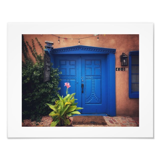 Blue door in adobe house photo print (Front)