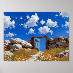 Blue Door in Stone Wall Painting Poster