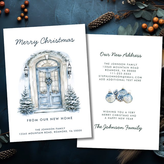 Blue Door Merry Christmas from New Home Announcement (Blue Front Door Merry Christmas from Our New Home Holiday Moving Announcement Flat Card)