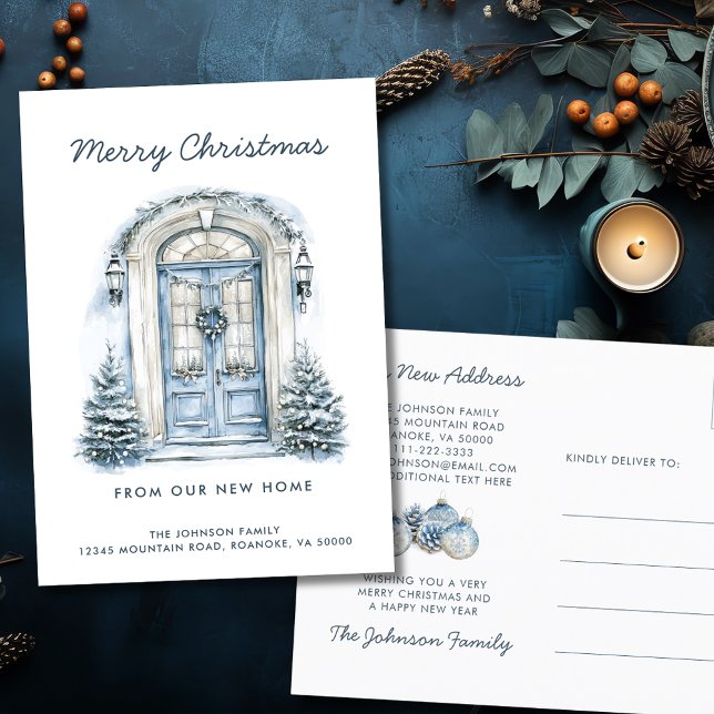 Blue Door Merry Christmas from New Home Announcement Postcard (Blue Front Door Merry Christmas from Our New Home Holiday Moving Announcement Postcard)