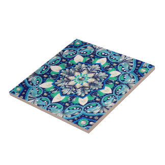 Blue dot art mandala ceramic tile