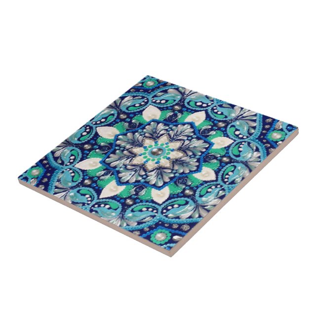 Blue dot art mandala ceramic tile (Side)