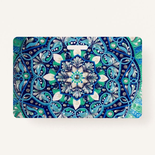 Blue dot art mandala trifold wallet ID badge (Front)