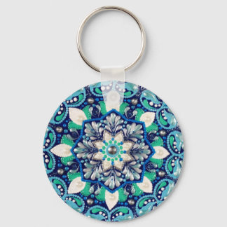 Blue dot art mandala trifold wallet key ring