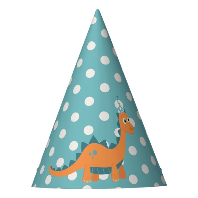 Blue dotted cartoon orange dinosaur party hat (Front)