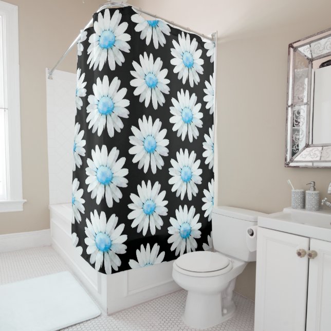 Blue Dotted Daisy's Shower Curtain (In Situ)