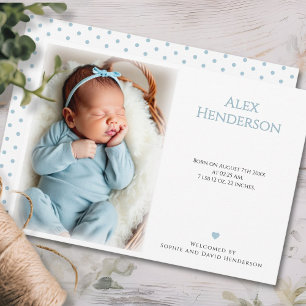 Blue dotted Photo Birth Announcement Card