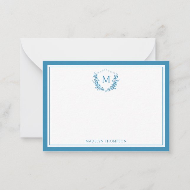 Blue Double Border Floral Crest Classic Monogram Card (Front)