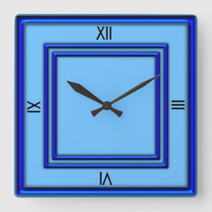 Blue Double Frame 4 Black Numerals Square Wall Clock