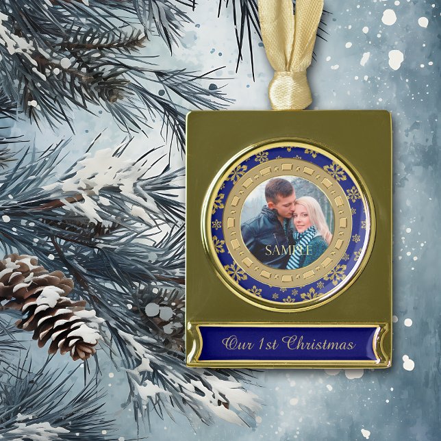 Blue Double Frame Snowflake First Christmas Gold Plated Banner Ornament (Creator Uploaded)