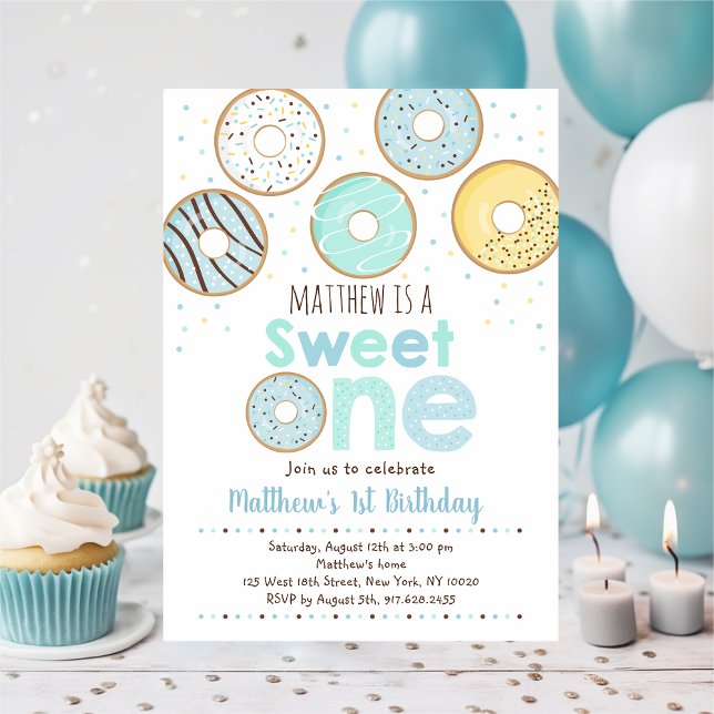 Blue Doughnut Sweet One First Birthday Invitation (Creator Uploaded)