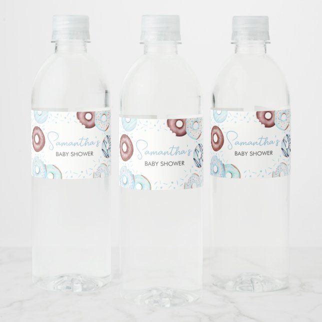 Blue Doughnuts and Diapers Baby Shower Water Bottle Label (Bottles)