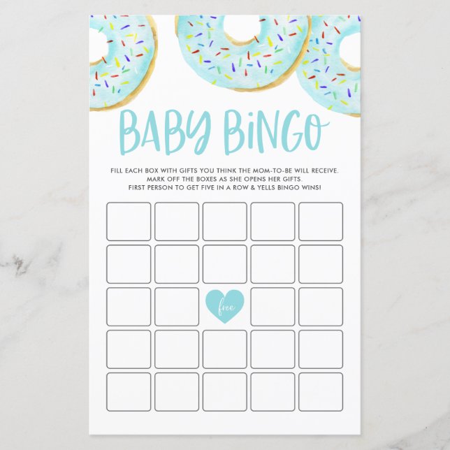 Blue Doughnuts Baby Shower Bingo Game Card (Front)