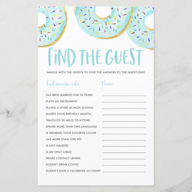 Blue Doughnuts Find the Guest Baby Shower Game (Front)