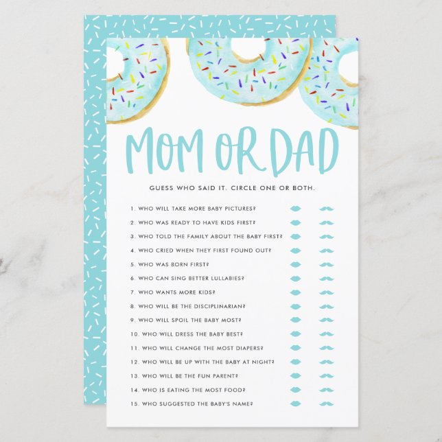 Blue Doughnuts Guess Who Mum or Dad Baby Shower Ga (Front/Back)