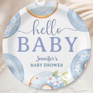 Blue Doughnuts Hello Baby Shower Brunch Paper Plate