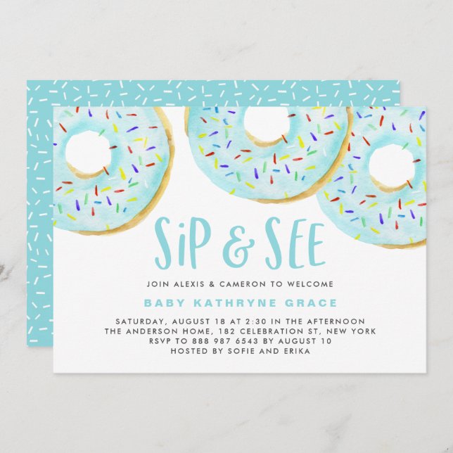 Blue Doughnuts Sprinkles Baby Shower Sip and See Invitation (Front/Back)