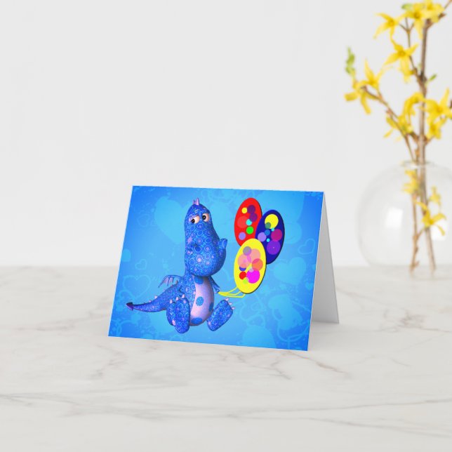 Blue Dragon And Balloons Blank Note Card (Yellow Flower)