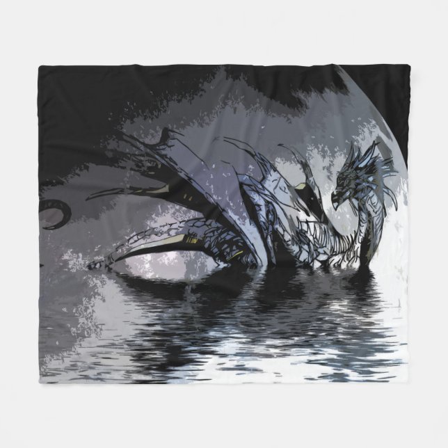 Blue Dragon and Moon Illustration Fleece Blanket (Front (Horizontal))
