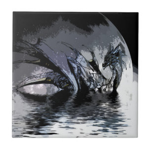 Blue Dragon and Moon Illustration Tile